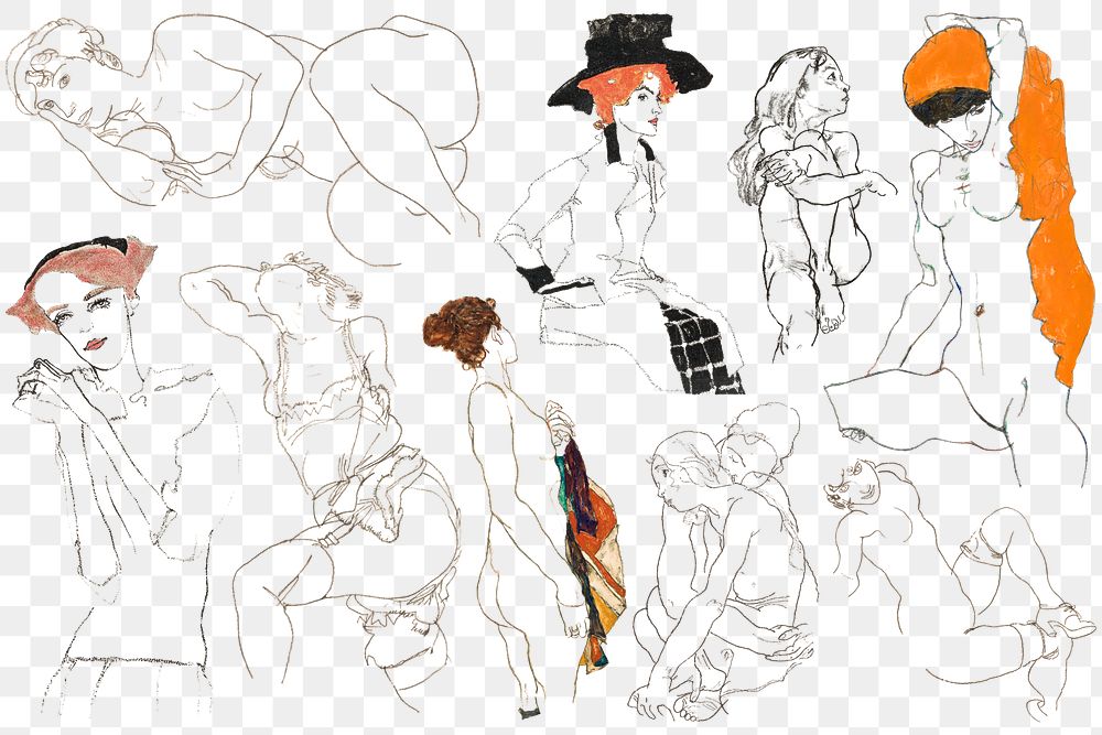 Vintage woman png illustration set remixed from the artworks of Egon Schiele.