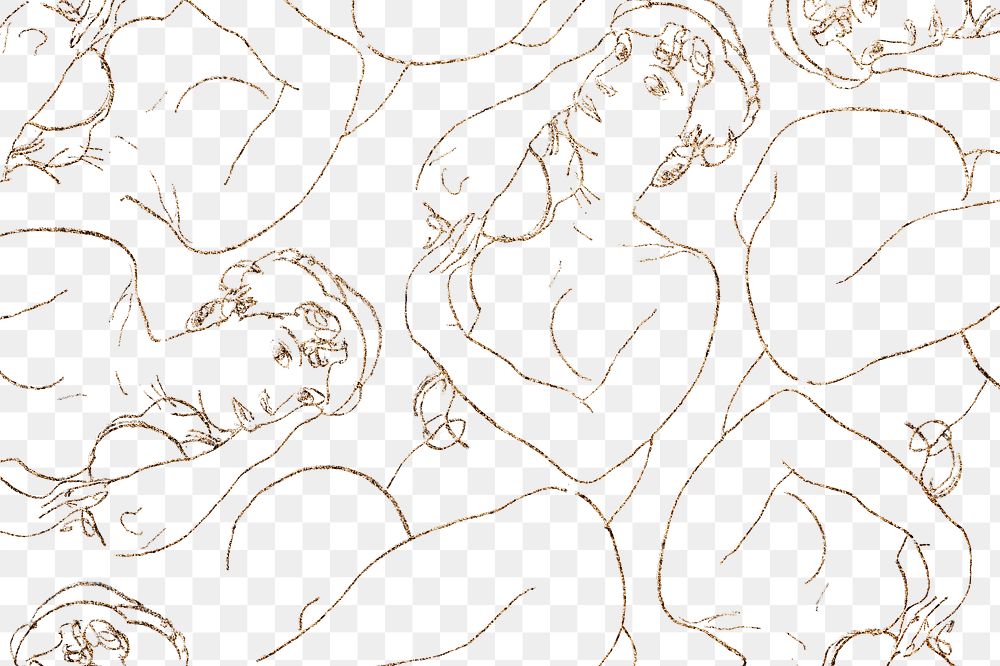 Golden women line art drawing png patterned background remixed from the artworks of Egon Schiele.