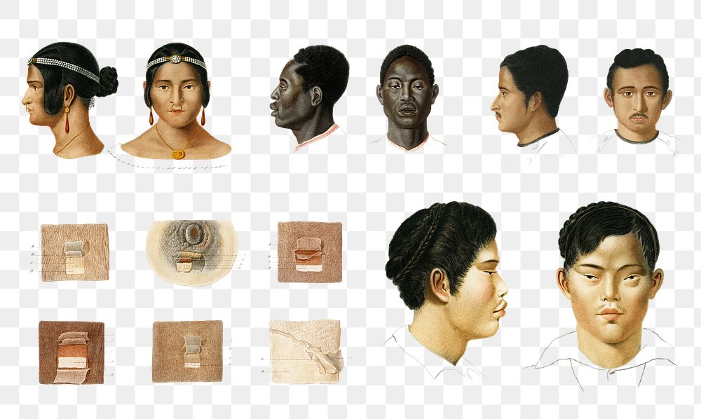 Hand drawn human face png set, remix from artworks by Charles Dessalines D'orbigny