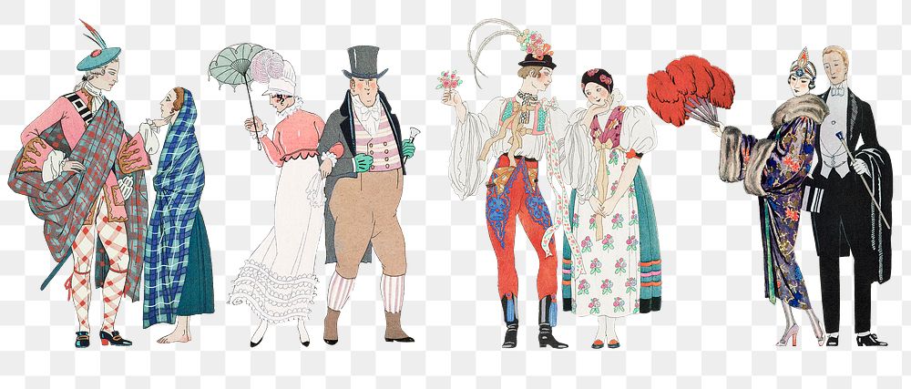 Traditional Parisian fashion png set, remix from artworks by George Barbier