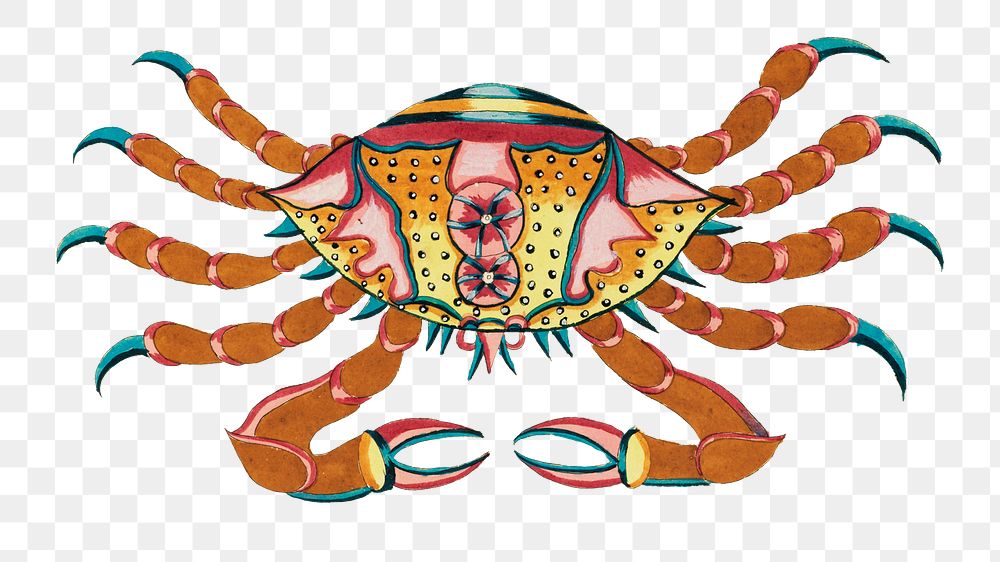 Ancient crab png sticker, aquatic animal colorful illustration, remix from the artwork of Louis Renard