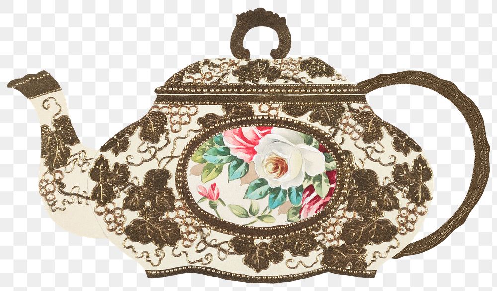 Vintage png flowers and leaves teapot, remixed from Noritake factory china porcelain tableware design