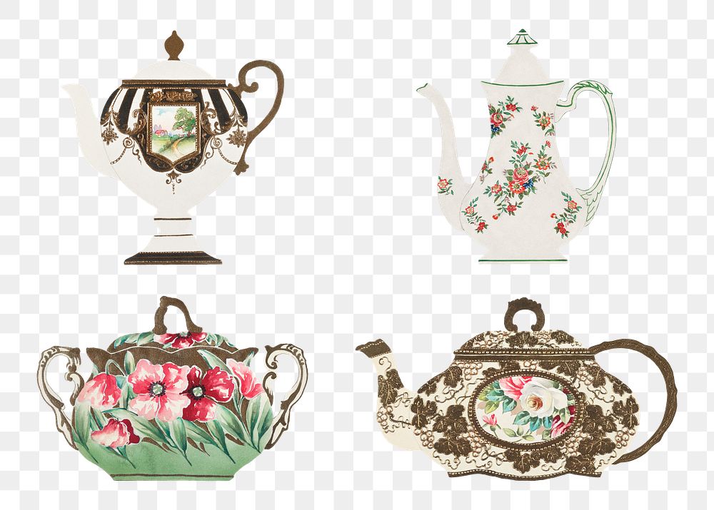 PNG Vintage floral pattern on tableware transparent design set, remixed from Noritake factory china porcelain design