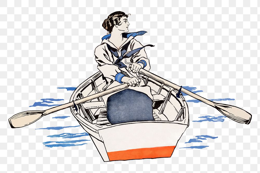 Woman png rowing in the river art print, remixed from artworks by Edward Penfield