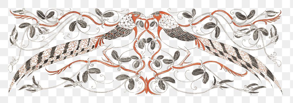 Pheasants png with botanical illustration, remixed from artworks by Gerrit Willem Dijsselhof