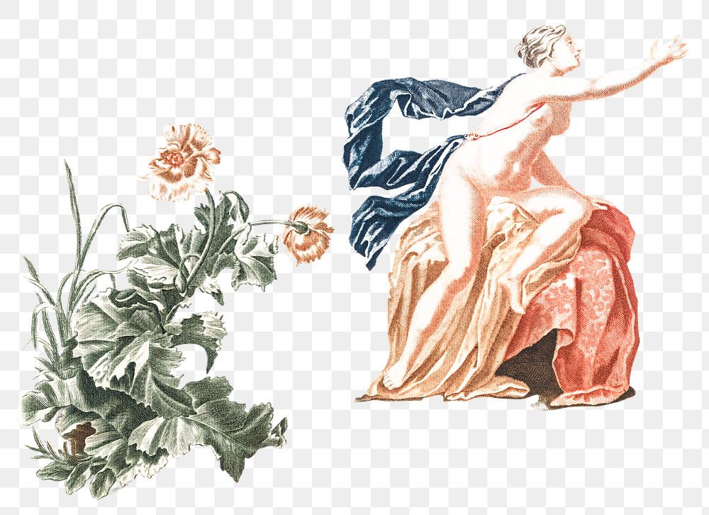 Ancient png Greek woman and flower sticker vintage illustration