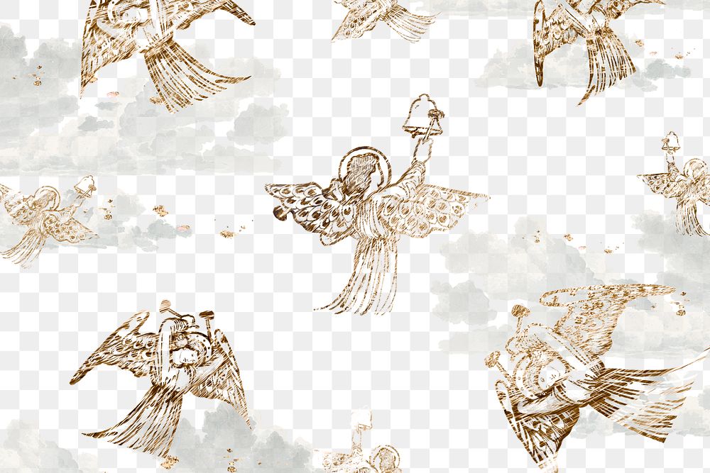 PNG angel vintage pattern with transparent background, angel playing on bells, remixed from artworks by Sir Edward Coley…