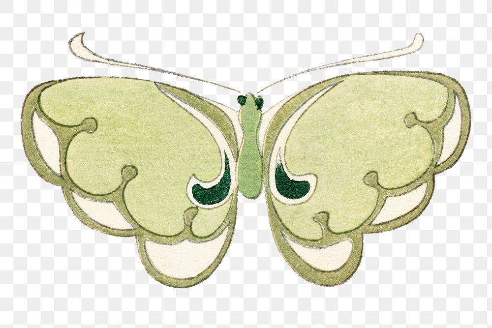Green butterfly png sticker, Japanese woodblock print, vintage illustration
