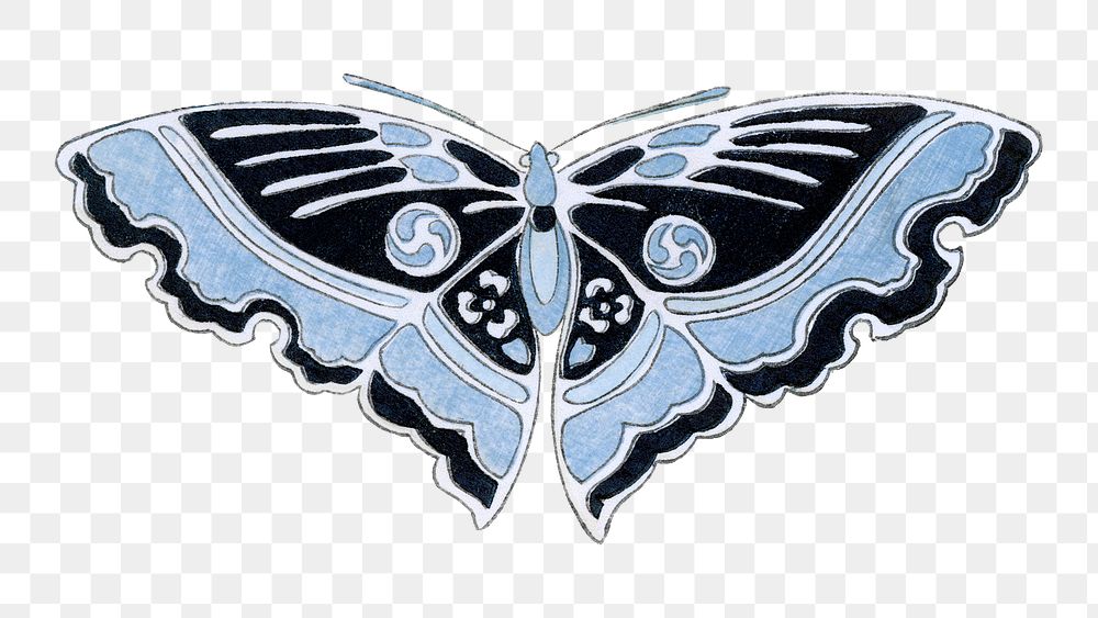 Blue butterfly png sticker, vintage hand drawn design clip art, transparent background