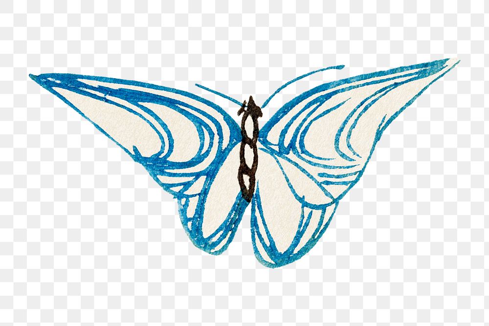Butterfly doodle png sticker, blue vintage design, transparent background