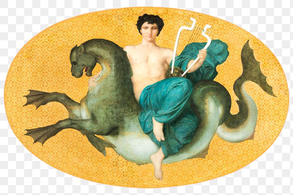 Arion on a sea horse png illustration, remix from artworks by William Adolphe Bouguereau