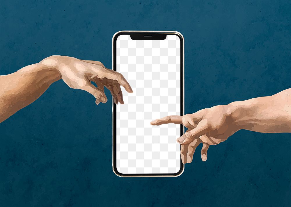 Mobile PNG mockup, hands of god and Adam, remixed from artworks by Michelangelo Buonarroti