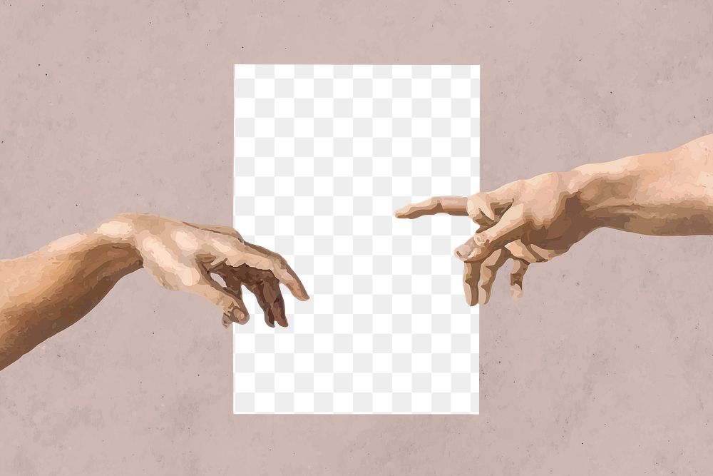 Poster PNG mockup, hands of god and Adam, remixed from artworks by Michelangelo Buonarroti