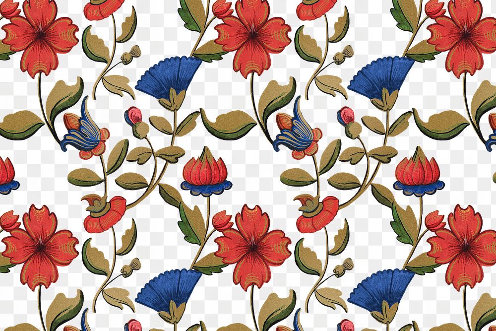 Vintage red and blue floral pattern transparent background, featuring public domain artworks