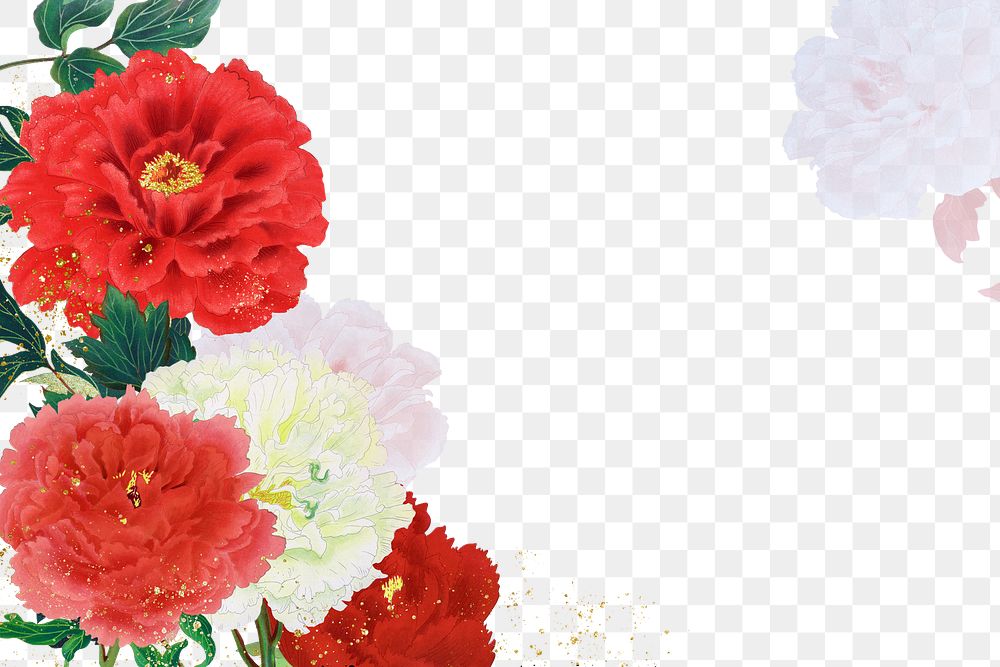 Peony png border, red & pink flower sticker, floral design on transparent background