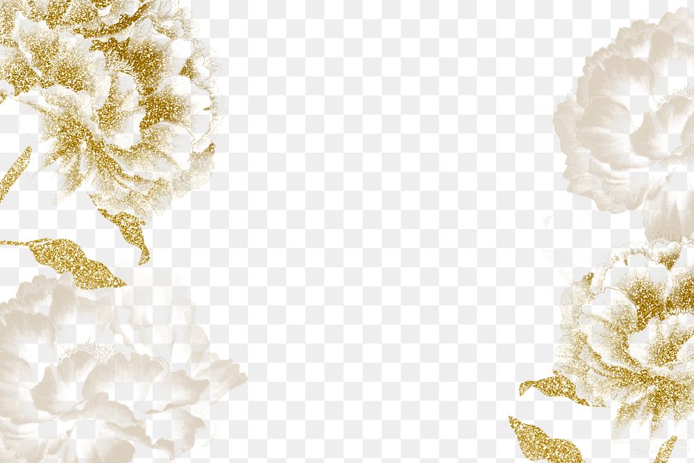 Gold peony png border, flower collage element on transparent background