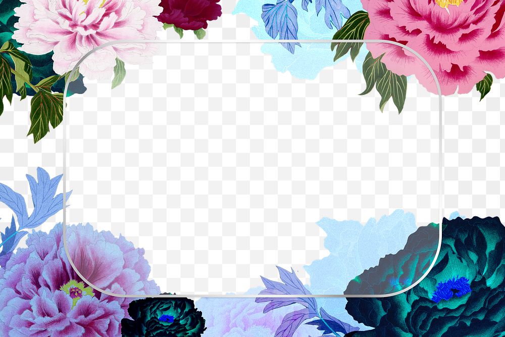 Aesthetic floral png frame, colorful peony flower, vintage graphic on transparent background