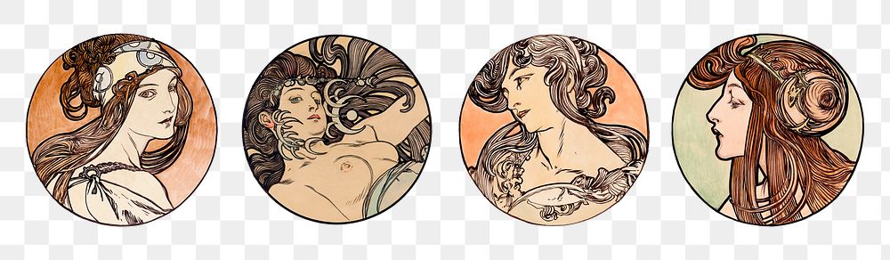 Art nouveau woman illustration png set, remixed from the artworks of Alphonse Maria Mucha