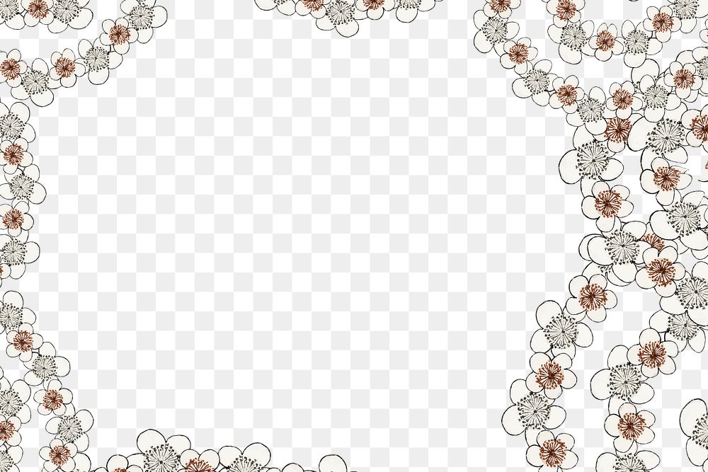 White Japanese plum blossom png pattern frame, remix of artwork by Watanabe Seitei