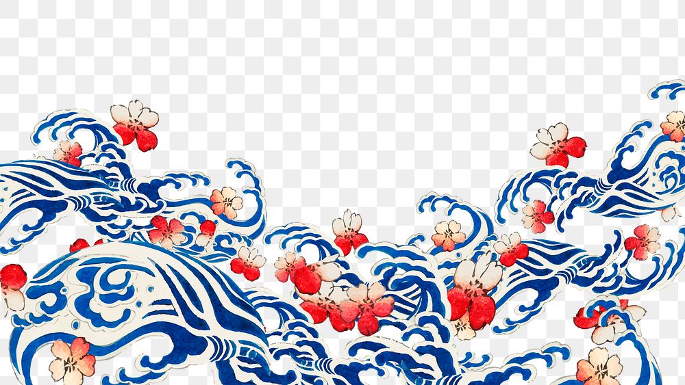 Japanese wave with sakura png border, remix of artwork by Watanabe Seitei