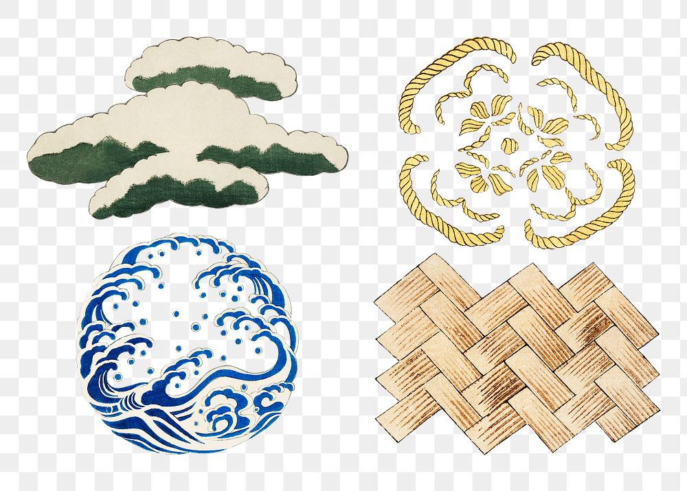 Japanese emblem ornamental element png set, remix of artwork by Watanabe Seitei