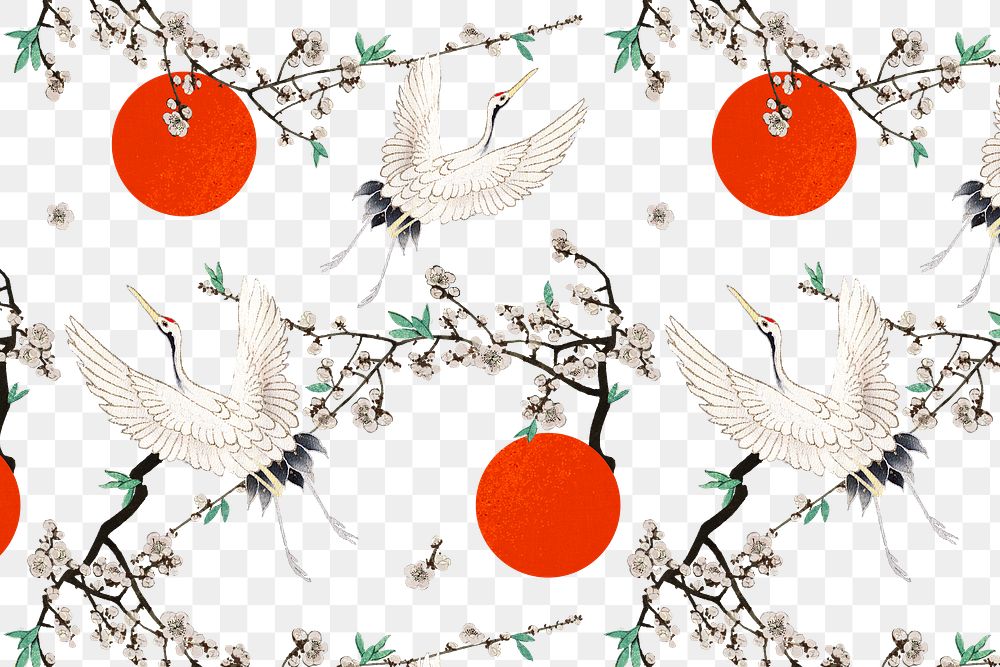 Traditional Japanese crane with plum blossom png pattern, remix of artwork by Watanabe Seitei