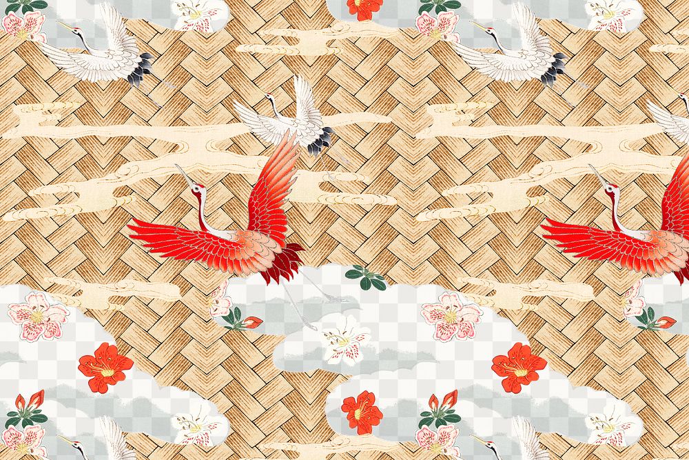 Traditional Japanese bamboo weave with crane png pattern, remix of artwork by Watanabe Seitei