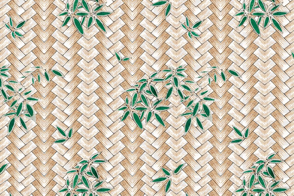 Traditional Japanese bamboo weave with leaves png pattern, remix of artwork by Watanabe Seitei