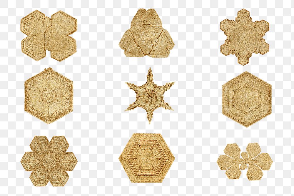 New year gold snowflake png set macro photography Christmas ornament, remix of photography by Wilson Bentley