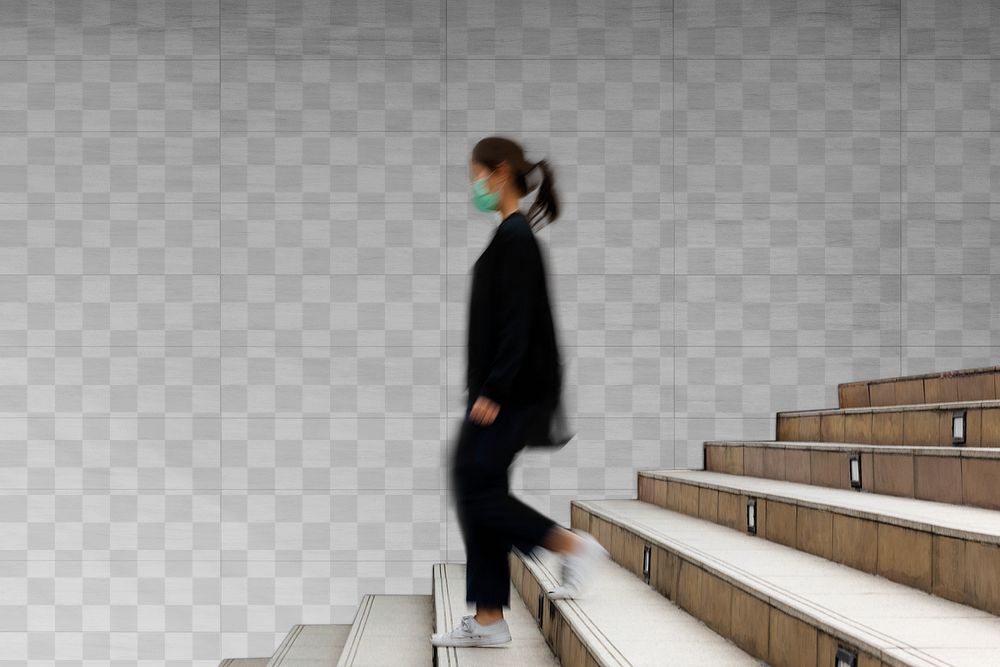 Wall png transparent mockup with woman walking down the stairs