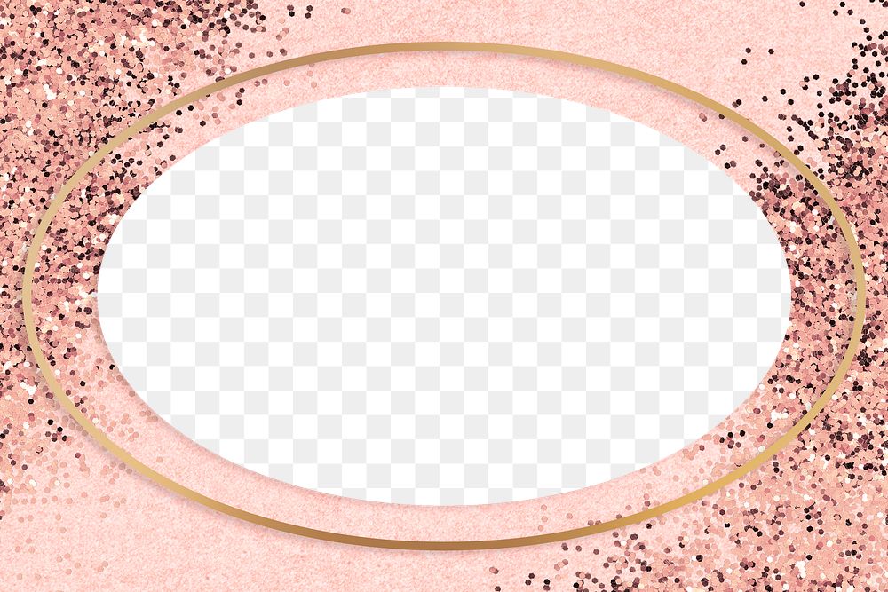Gold shimmering oval frame on a pink background 