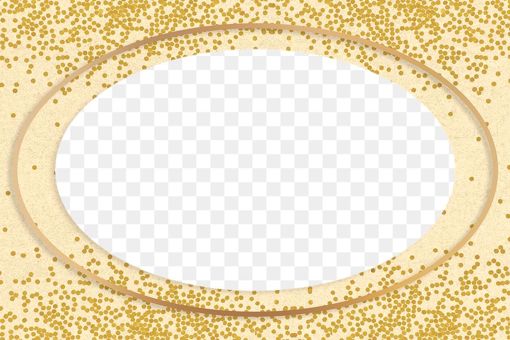 Gold shimmering oval frame on a beige background 