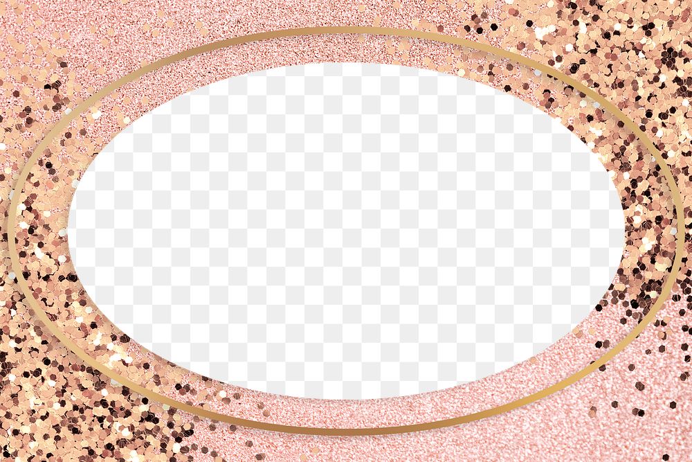 Gold shimmering oval frame on a pink background 