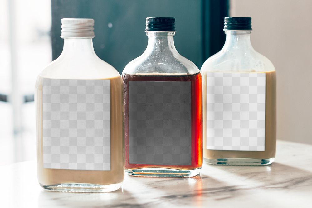 Label png mockup on transparent glass bottle reusable packaging