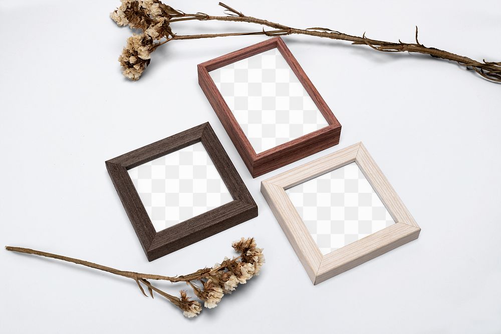 Wooden picture frames mockup png flat lay home decor