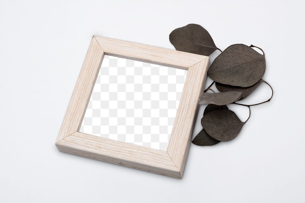 Wooden picture frame mockup png with aesthetic dried leaf