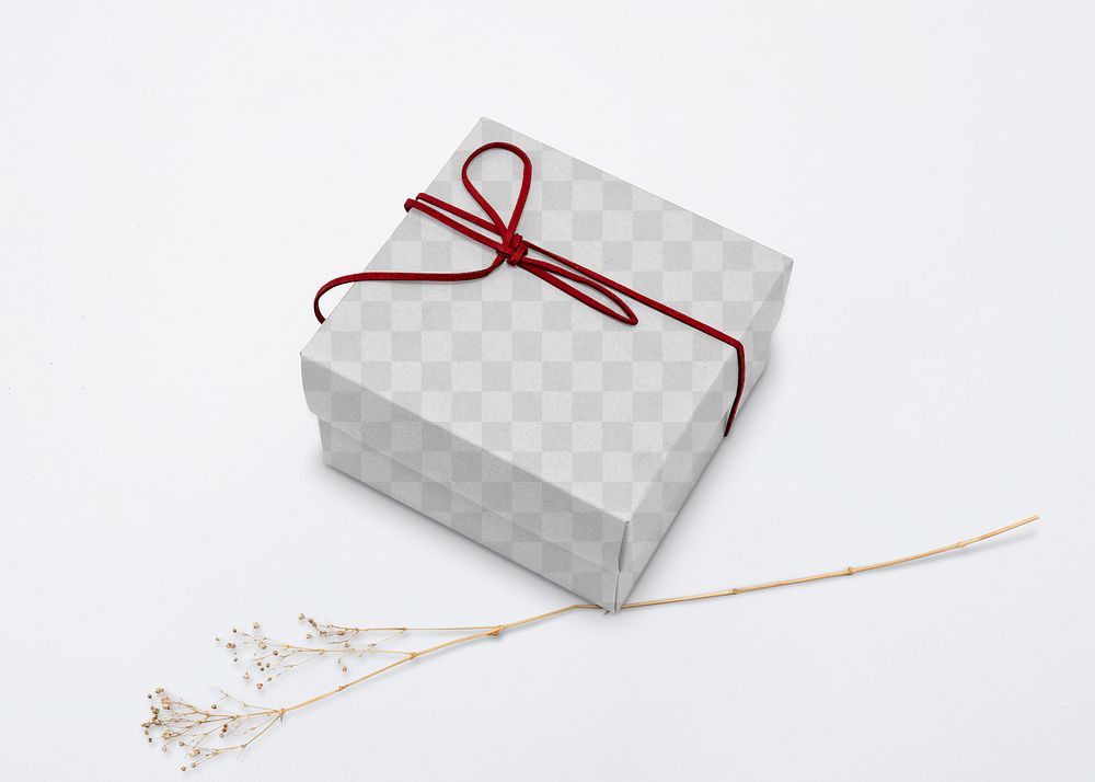 Kraft gift box mockup png with red bow rope in minimal style