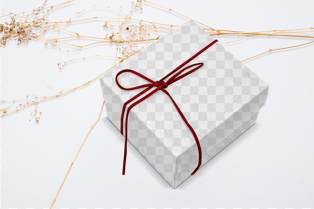 Kraft gift box mockup png with red bow rope in minimal style