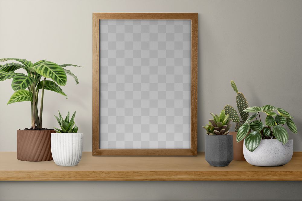 Picture frame png mockup on a shelf with plants against a wall