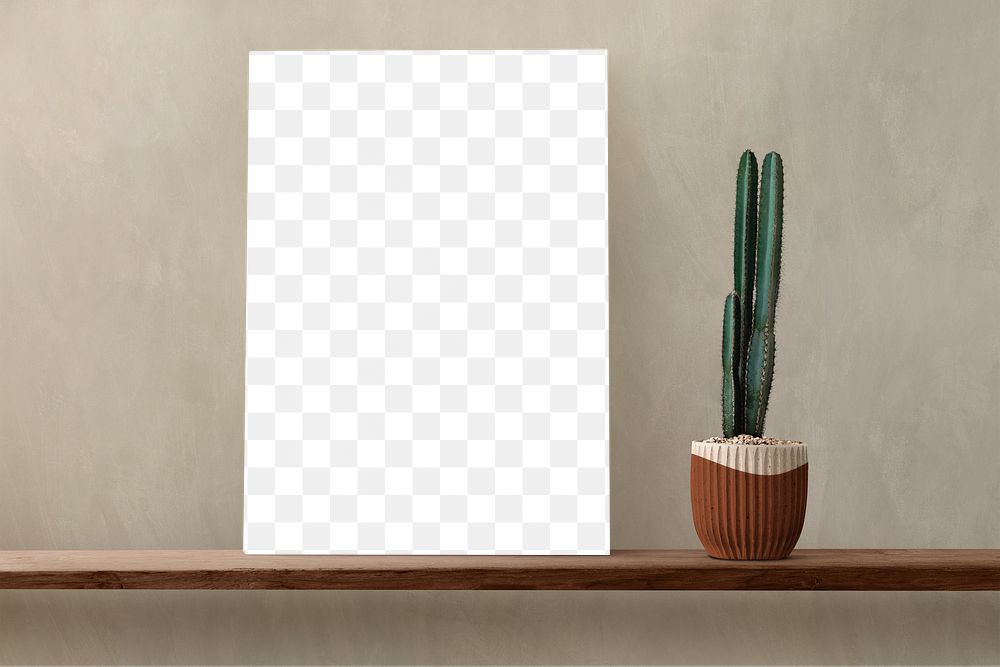 Canvas png mockup on a shelf with a cactus