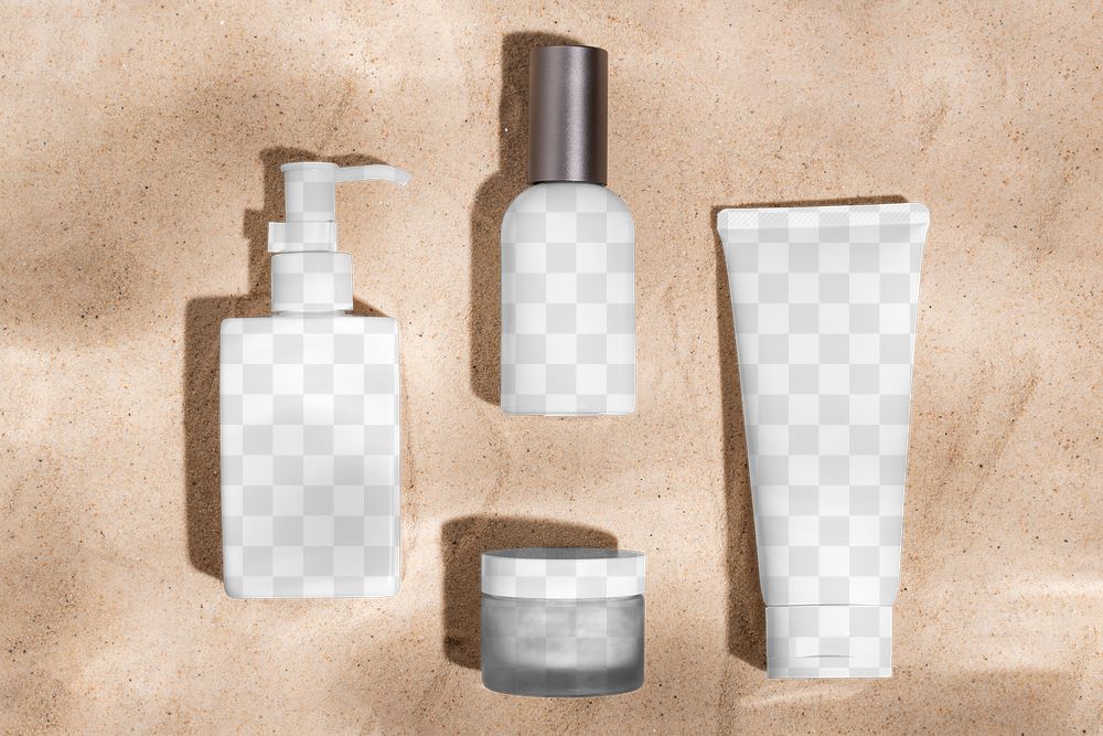 Cosmetic png mockup bottle, product packaging for beauty and skincare, flat lay set