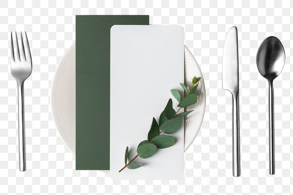 Table setting png, digital sticker, green and white wedding menu