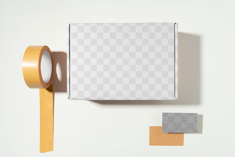 Mailing box png mockup, packaging design, transparent cardboard postal box flat lay