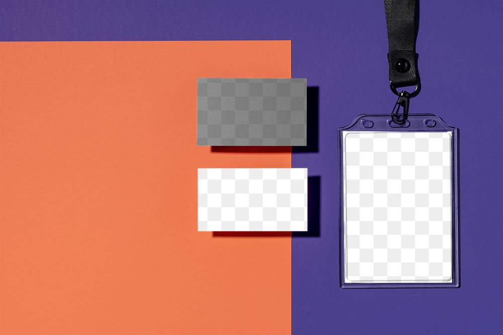 Corporate identity mockup png, business card, transparent ID holder, flat lay design