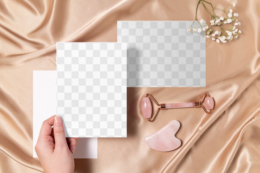 Paper mockup png, transparent stationery, beauty product, flat lay design, pink tone