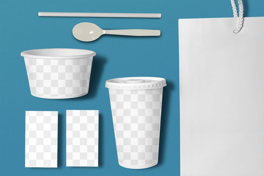 Food packaging png mockup, transparent design, product branding, flat lay set