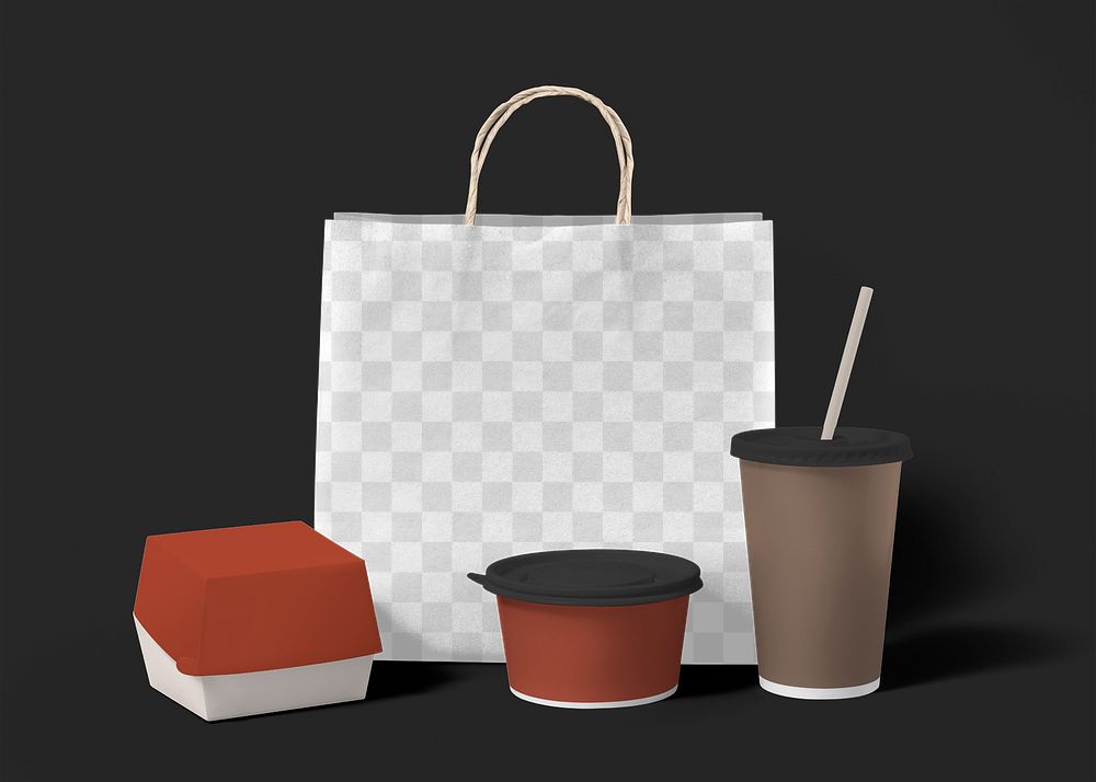 Paper bag png mockup, transparent branding design, to go food product