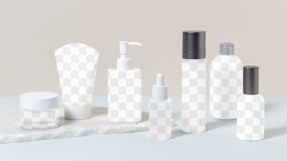 Skincare bottles png mockup, transparent cut out design, cosmetic business branding