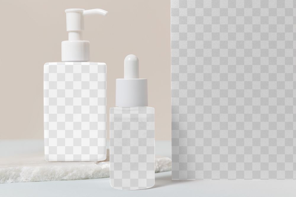 Skincare bottles png mockup, transparent product packaging design, beauty business branding