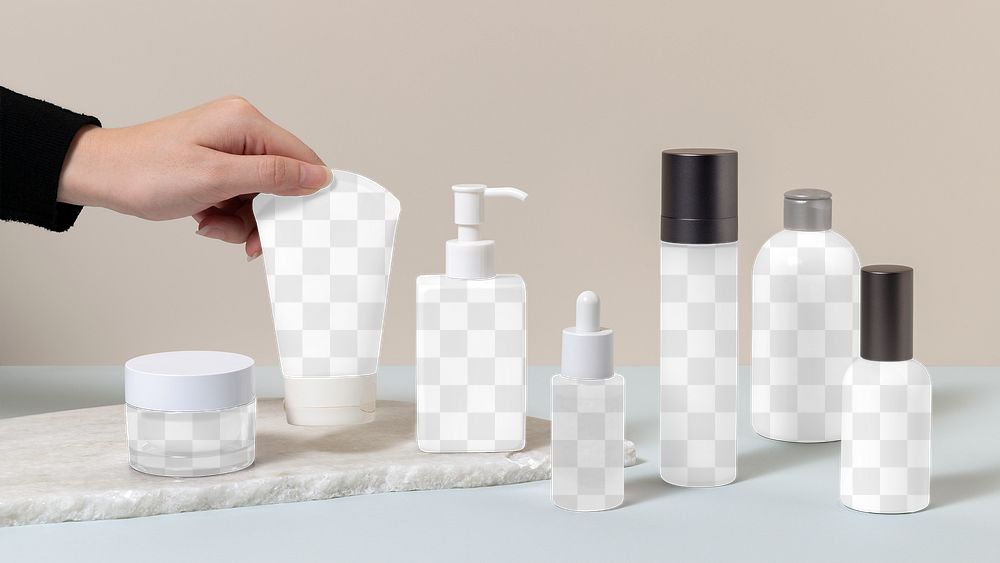 Skincare bottles png mockup, transparent cut out design, cosmetic business branding